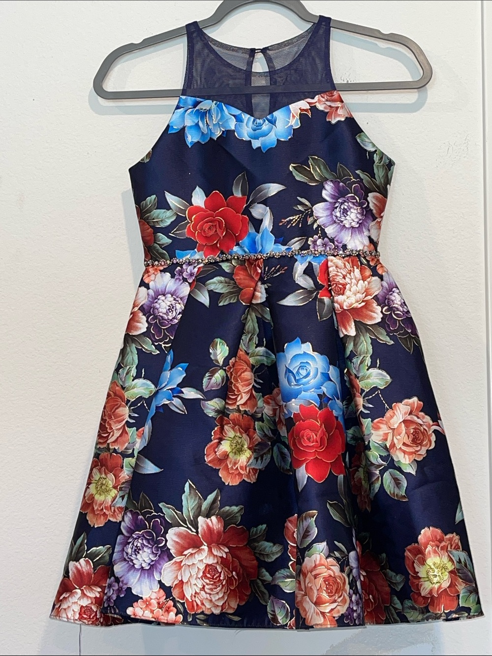 Girls Navy Floral Fit-and-Flare Party Dress